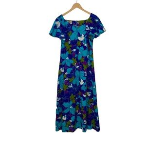 Vintage Hawaiian Blue Ruffle Maxi Dress